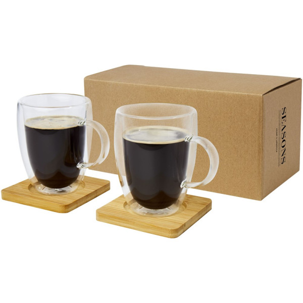 Dos tazas de vidrio de doble pared de 350 ml con posavasos de bambú 