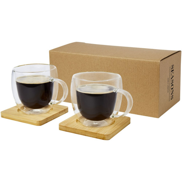 Dos tazas de vidrio de doble pared de 250 ml con posavasos de bambú 